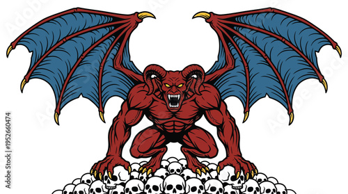 Red Demon Gargoyle Monster with Wings Crouching on Skulls Vector