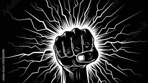 Powerful Fist Raised with Electric Lightning Strikes on Black Background - Symbol of Strength and Energy