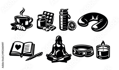 Wellness and relaxation vector set with yoga human meditation essential oils candle