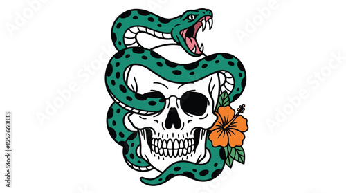 Traditional Tattoo Flash Skull with Coiled Green Snake and Hibiscus Flower Vector