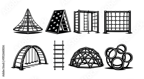 Set of playground equipment silhouettes including climbing structures and jungle gyms
