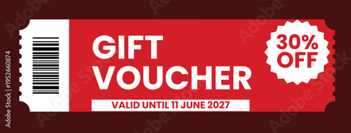 Red gift voucher template with 30 percent off promotion valid until 11 june 2027 and barcode for discount