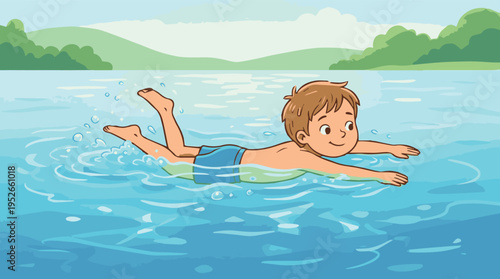 A cartoon boy swimming in a serene lake with a beautiful landscape and trees in the background on a sunny day
