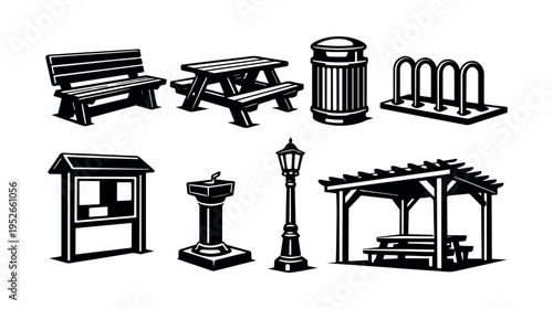 Black and white vector set of park elements including bench and lamppost