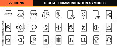 Technical Monoline Smartphone Interface Symbols for Mobile App Design and Digital Security Communication Featuring Clean Minimalist Outlines