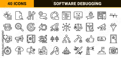 Software Debugging and Technical Diagnostic Linear Icons, Professional Monoline System Error and Code Maintenance Symbols for Developers