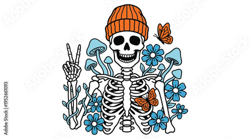 Retro Skeleton Wearing Beanie Making Peace Sign with Flowers and Mushrooms Vector
