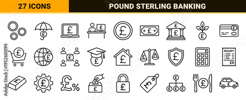 British Pound Sterling Financial Linear Symbols for Banking and UK Economy Monoline UI Graphics