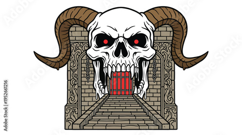 Dark Fantasy Horned Demon Skull Gate with Stone Stairs and Red Glowing Eyes Vector