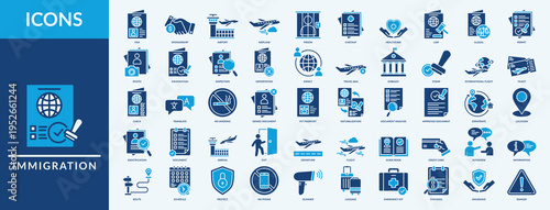 Immigration - Icon Collection. Thin Flat Blue Set contains such Icons as international flight, ticket, deportation and more. Simple web icons set
