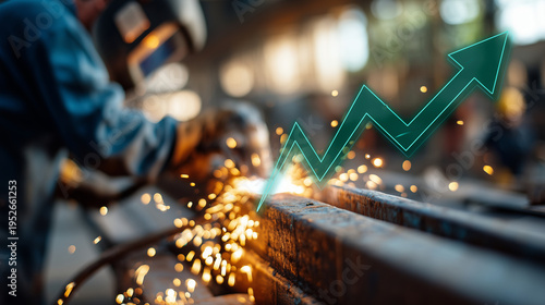 A dynamic industrial shot of sparks flying as welders work on the hull of a colossal ship in a shipyard. In the blurred background, a digital green upward arrow icon is clearly vis