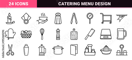 Hospitality and Catering Minimalist Monoline Symbols for Restaurant Menu Design and Food Service Branding featuring Sleek Uniform Outlines.