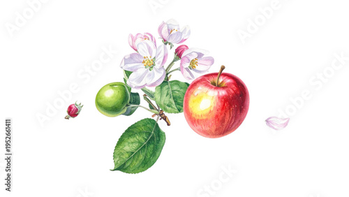 Botanical illustration of an apple life cycle from white spring blossoms and young green fruit to a ripe red apple with a leaf on white background