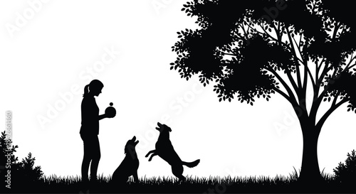Black silhouette illustration of person playing with two dogs under a tree, outdoor park scene symbolizing companionship, training, nature, and joyful pet interaction artwork