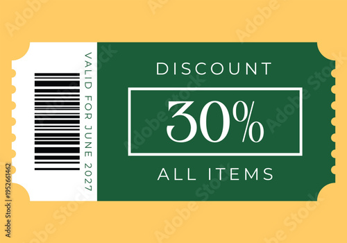 Green discount coupon template for 30 percent off all items valid for june 2027 with barcode design