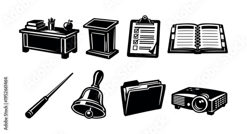 Black and white vector illustration of education and office supplies set