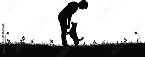 Black silhouette illustration of person interacting with dog in outdoor grassy setting, symbolizing companionship, training, nature, friendship, and joyful pet connection for creative artwork themes