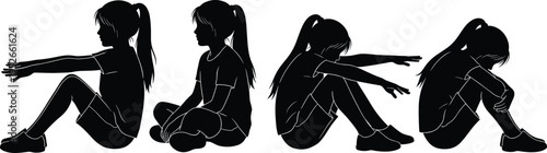 Black silhouette illustration of seated child with ponytail in multiple postures, expressive body language showing emotional states, sadness, introspection, and psychological development concepts