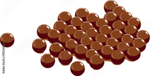 A pile of shiny brown chocolate drops scattered on a white background with one drop separated from the rest