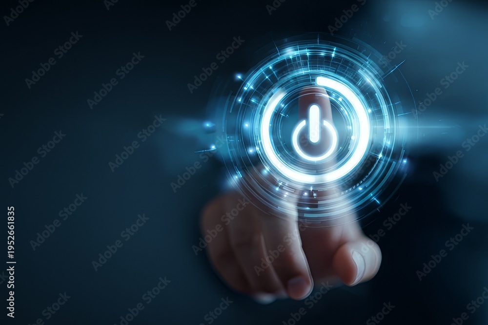 Fototapeta premium Futuristic touch interface interaction, finger pressing glowing blue circular button with ripple effect, digital technology concept, high-tech UI/UX design, cyberpunk aesthetic, dynamic light and moti