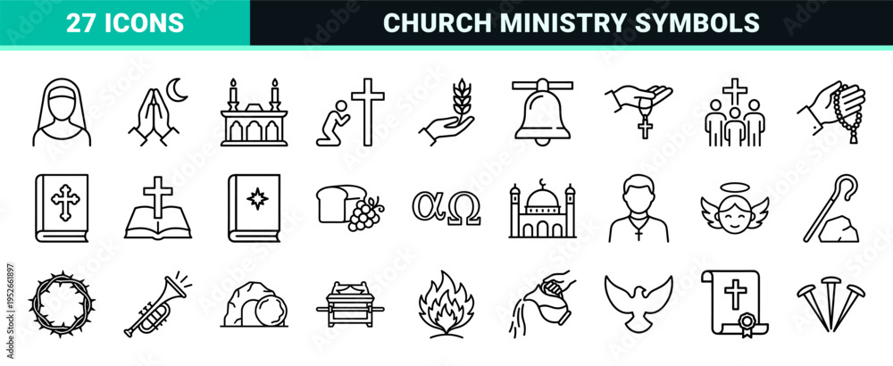 Obraz premium Christian Religious Symbols Monoline Set featuring Minimalist Church Ministry Icons, Bible Study Graphics, and Spiritual Faith Outlines.