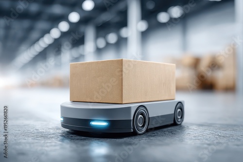 An automated guided vehicle delivering a cardboard box in a warehouse, featuring modern technology and efficient logistics solutions for smart factory operations.