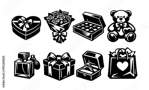 Black and white vector set of romantic gift icons including flowers and teddy bear