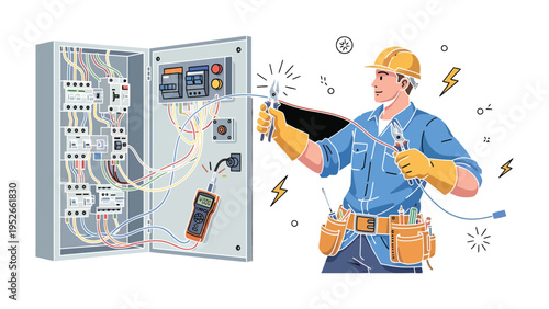 Electrical Wizard: A skilled electrician at work, skillfully managing complex wiring and electrical systems. His focus is on ensuring a safe and functional system
