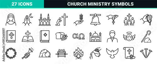 Christian Religious Symbols Monoline Set featuring Minimalist Church Ministry Icons, Bible Study Graphics, and Spiritual Faith Outlines.