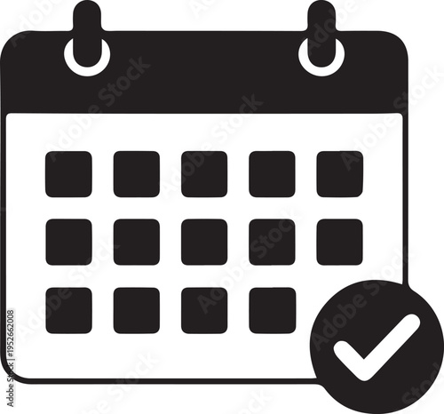 A simple black and white icon of a calendar with a checkmark on a clean white background