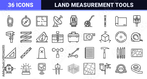 Geodetic Surveying and Land Measurement Technical Line Art Symbols for Civil Engineering, Cartography, and Topographic Geospatial Analysis