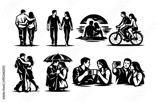 Set of romantic couple silhouettes in various activities black and white vector illustration