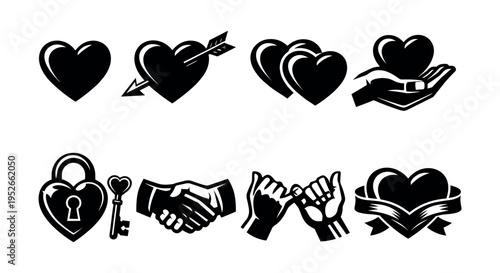 Set of black and white heart icons silhouette including lock and key handshake elements