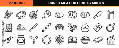 Minimalist Monoline Meat and Breakfast Protein Symbols featuring Clean Wavy Strips and Charcuterie Outlines for Culinary Design and Branding