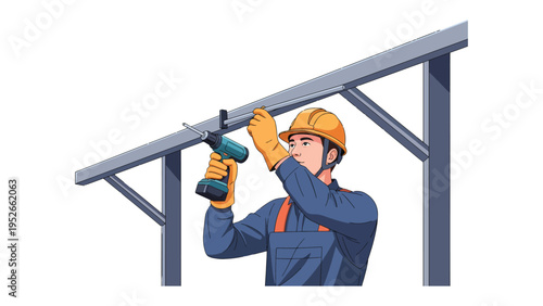 Construction Worker at Work: An industrious worker, clad in a safety helmet and gloves, focuses intently as they utilize a drill on a metal beam, symbolizing precision and the art of construction. 