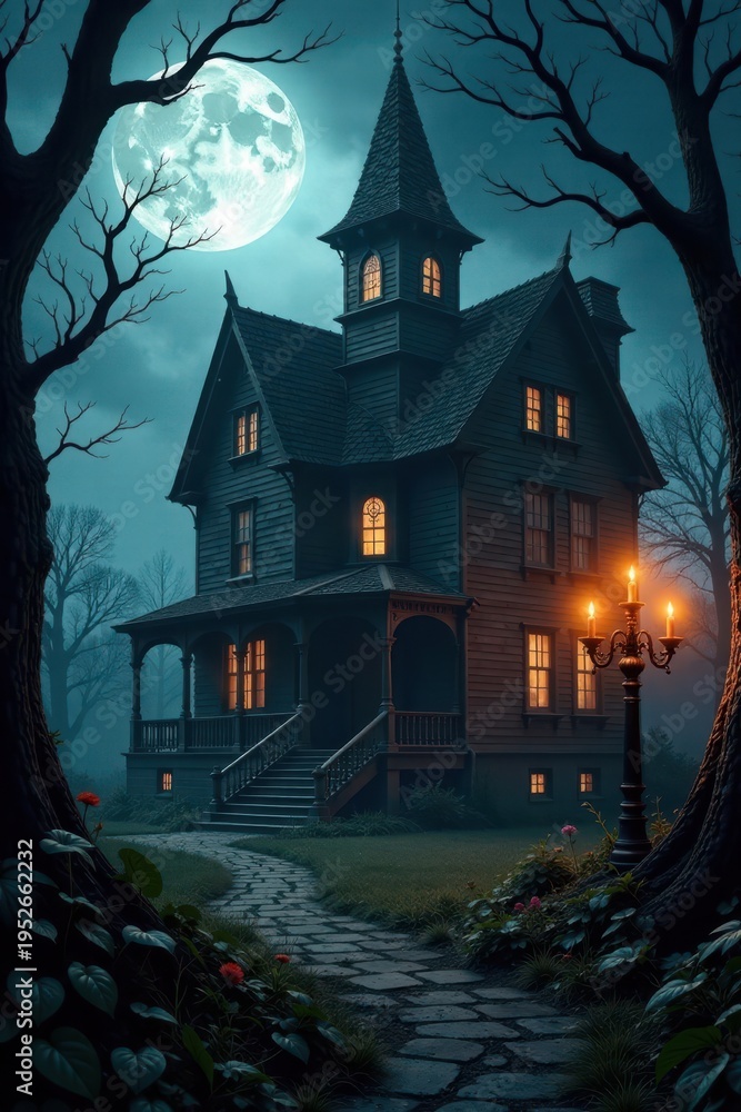 Fototapeta premium Creepy mansion with spider webs, candelabras and eerie atmosphere, spider webs, halloween
