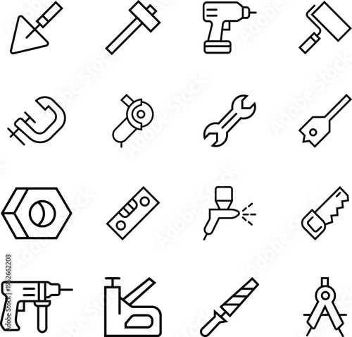 Various tool icon set in black. Working tools symbols. Containing  configuration, maintenance, hammer, drill, paint roller and more. Instrument simple icons. Vector illustration. 