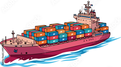 A large red cargo ship with colorful shipping containers on board is sailing through calm waters under a clear sky with no clouds visible in the background