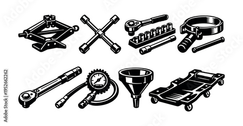 Black and white vector illustration of automotive tools and equipment set