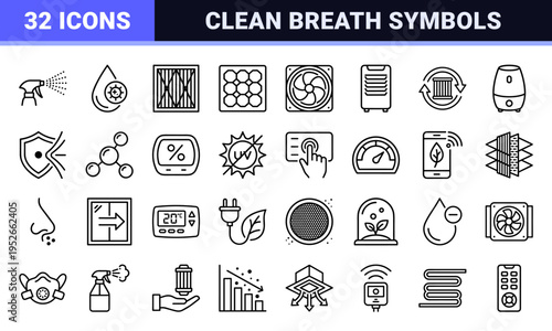 Air Purification and HVAC Filtration System Symbols Featuring Technical Monoline Design for Climate Control and Laboratory Safety Graphics