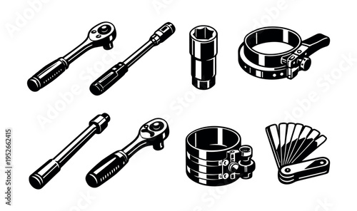 Black and white vector illustration of mechanical tool set with ratchets and clamps