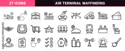Aviation Logistics and Air Terminal Management Monoline Outlines for Commercial Wayfinding and Digital Passenger Service Interfaces