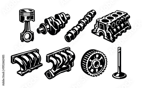 Vector set of engine parts in black and white illustration style