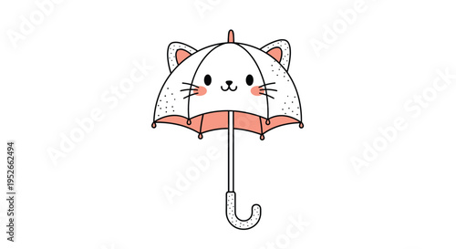Adorable cat themed umbrella features ears and a cute face design in pink and white colors for children to use during a rainy day.