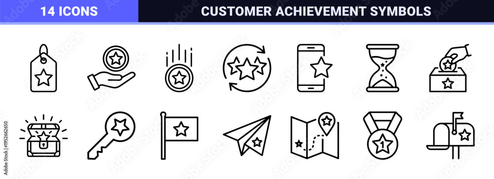Fototapeta premium Loyalty Program Rewards and Gamification Gamified Benefits Neo-Line Art Outline Symbols for Customer Retention and Membership Achievement Systems