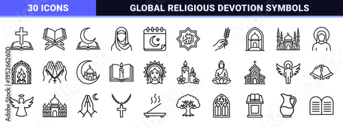 Global Spirituality and Faith Monoline Symbolism Featuring Minimalist Religious Architecture Sacred Texts and Traditional Devotional Objects