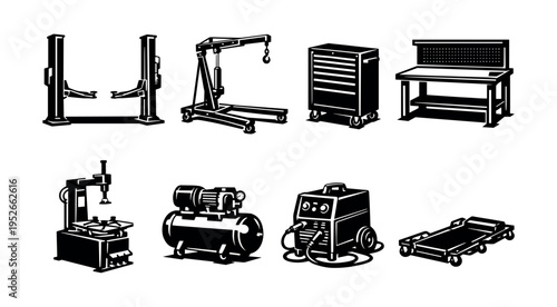 Black and white vector illustration of garage and workshop tools set
