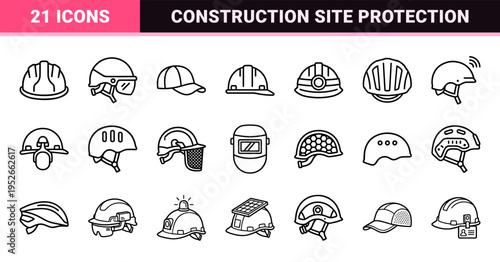 Construction Safety Headwear Technical Monoline Line Art Featuring Industrial Hard Hat Protection and Engineering Worksite Security Equipment Symbols.