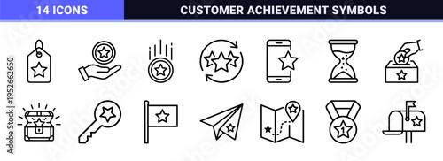 Loyalty Program Rewards and Gamification Gamified Benefits Neo-Line Art Outline Symbols for Customer Retention and Membership Achievement Systems