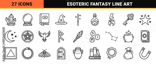 Mystic Occult and Alchemy Neo-Line Symbols for Esoteric Research and Fantasy Interface Design Featuring Minimalist Wizardry Graphics